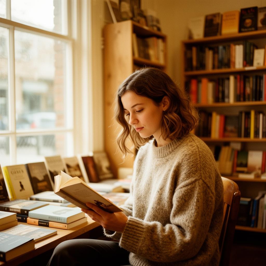 Portrait of a young woman reading in a sunlit bookstore